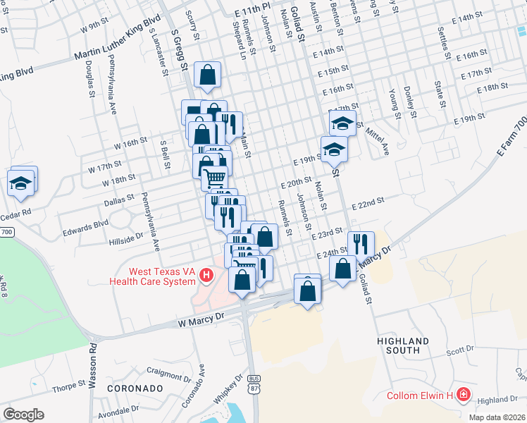 map of restaurants, bars, coffee shops, grocery stores, and more near 101 East 21st Street in Big Spring