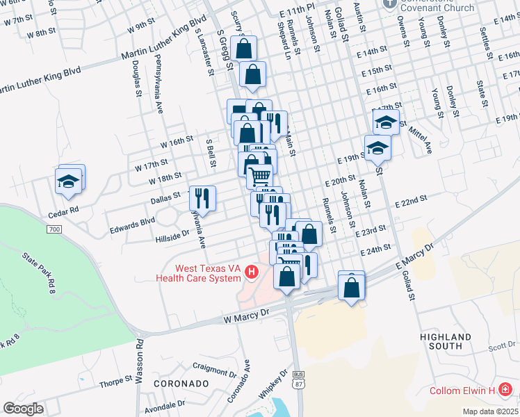 map of restaurants, bars, coffee shops, grocery stores, and more near 2000 South Gregg Street in Big Spring