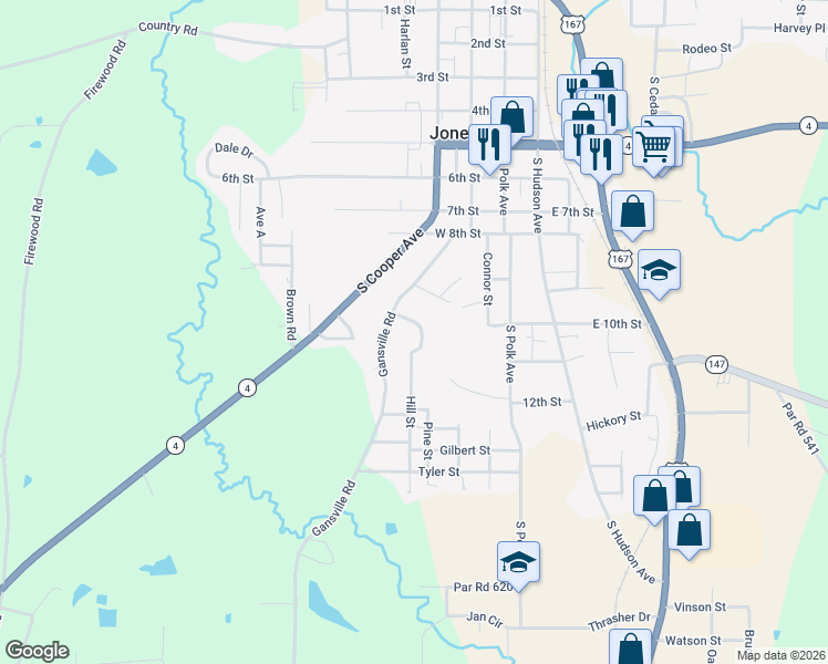 map of restaurants, bars, coffee shops, grocery stores, and more near 100-110 Stinson Drive in Jonesboro