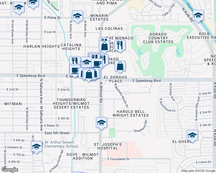 map of restaurants, bars, coffee shops, grocery stores, and more near 6300 East Speedway Boulevard in Tucson