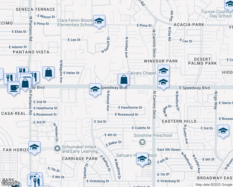 map of restaurants, bars, coffee shops, grocery stores, and more near 8468 East Speedway Boulevard in Tucson