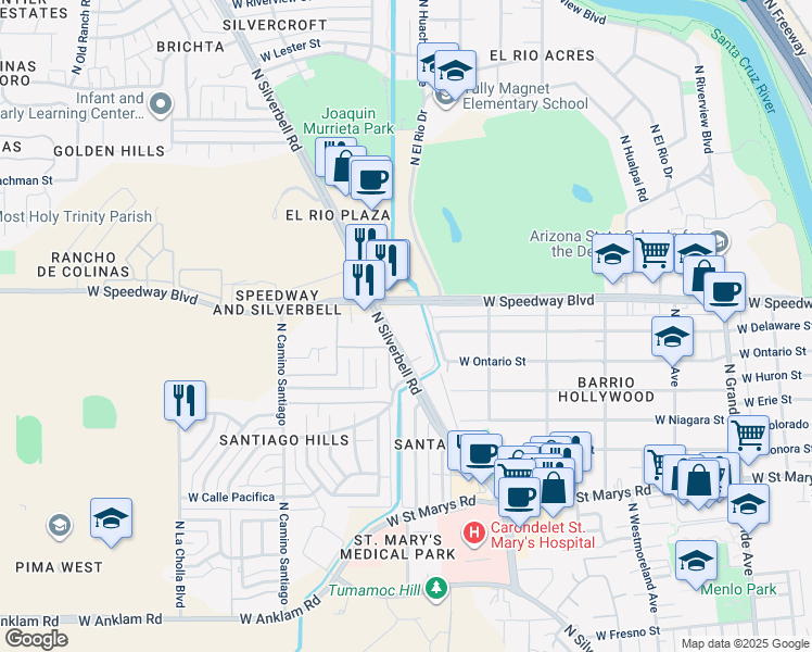map of restaurants, bars, coffee shops, grocery stores, and more near 1735 West Speedway Boulevard in Tucson