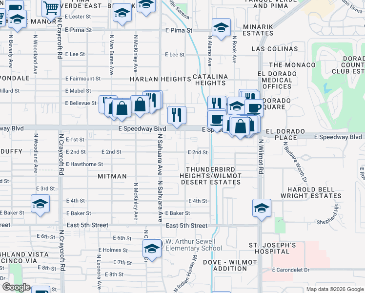 map of restaurants, bars, coffee shops, grocery stores, and more near 1028 North del Valle Place in Tucson