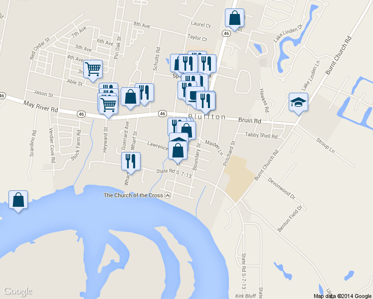 map of restaurants, bars, coffee shops, grocery stores, and more near 45 Calhoun Street in Bluffton