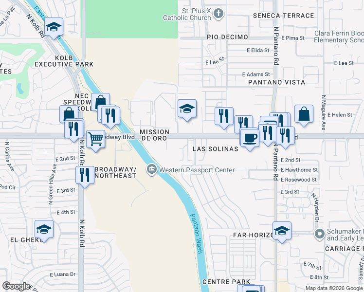 map of restaurants, bars, coffee shops, grocery stores, and more near 1057 North Cam Verano in Tucson