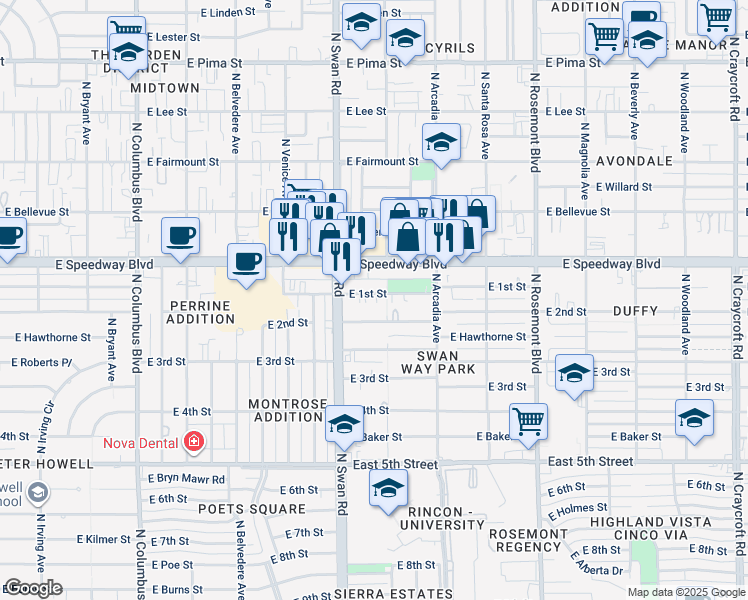 map of restaurants, bars, coffee shops, grocery stores, and more near 4804 East 1st Street in Tucson
