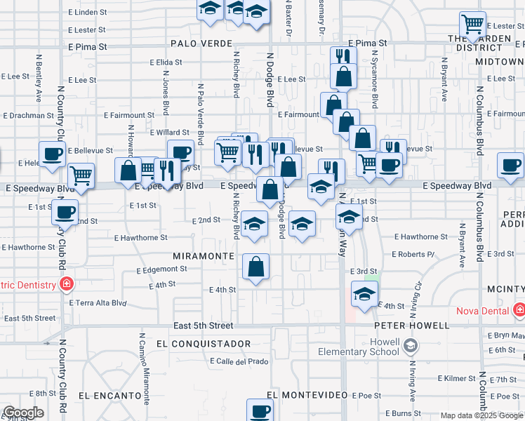map of restaurants, bars, coffee shops, grocery stores, and more near 3653 East 2nd Street in Tucson
