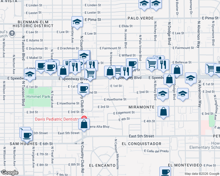 map of restaurants, bars, coffee shops, grocery stores, and more near 3316 East 1st Street in Tucson