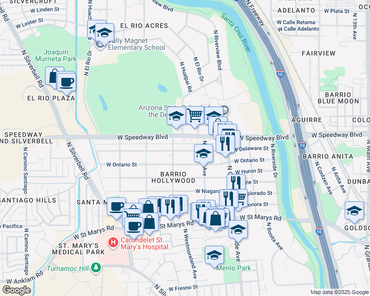 map of restaurants, bars, coffee shops, grocery stores, and more near 1348 West Delaware Street in Tucson