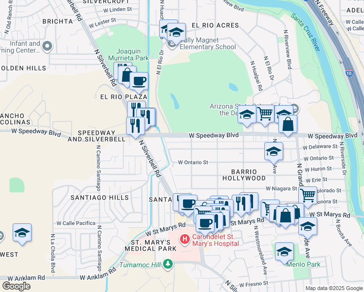 map of restaurants, bars, coffee shops, grocery stores, and more near 1614 West Delaware Street in Tucson