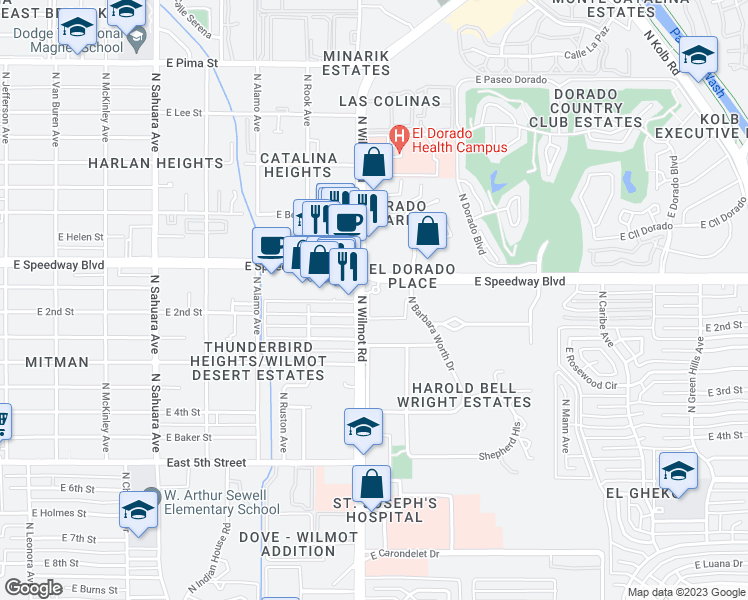 map of restaurants, bars, coffee shops, grocery stores, and more near 6302 East Speedway Boulevard in Tucson