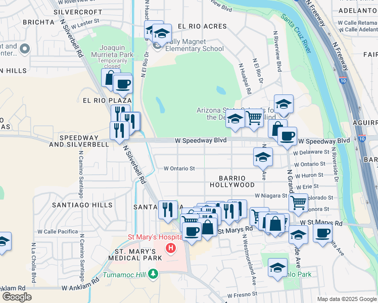 map of restaurants, bars, coffee shops, grocery stores, and more near 1532 West Delaware Street in Tucson