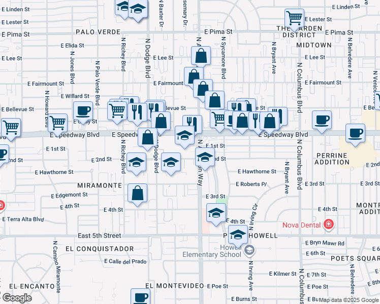 map of restaurants, bars, coffee shops, grocery stores, and more near 3833 East 2nd Street in Tucson