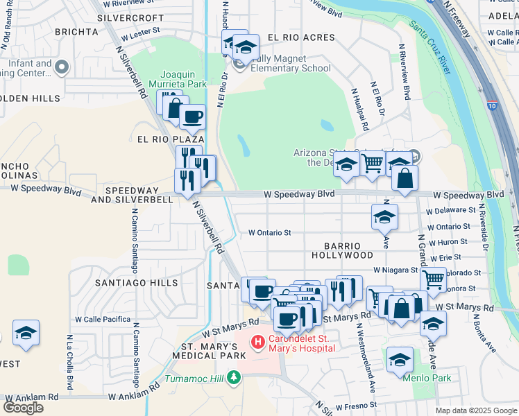 map of restaurants, bars, coffee shops, grocery stores, and more near 1614 West Delaware Street in Tucson