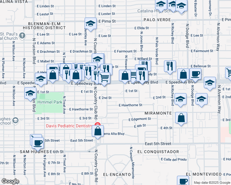 map of restaurants, bars, coffee shops, grocery stores, and more near 3244 East 1st Street in Tucson