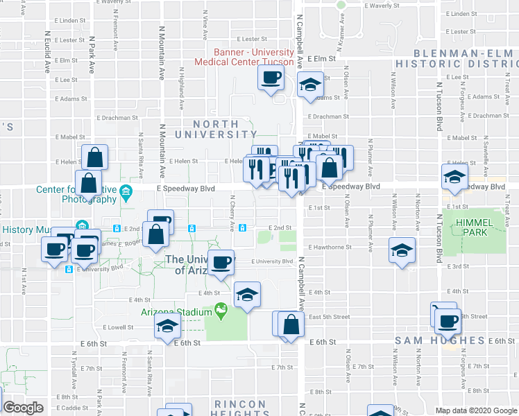 map of restaurants, bars, coffee shops, grocery stores, and more near 1701 E 1st St in Tucson