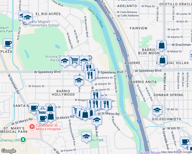 map of restaurants, bars, coffee shops, grocery stores, and more near 1126 West Delaware Street in Tucson