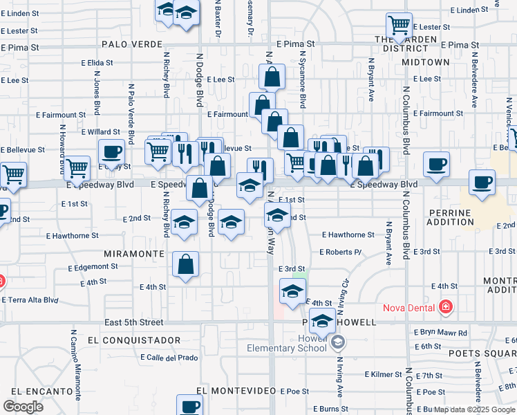 map of restaurants, bars, coffee shops, grocery stores, and more near 3833 East 2nd Street in Tucson