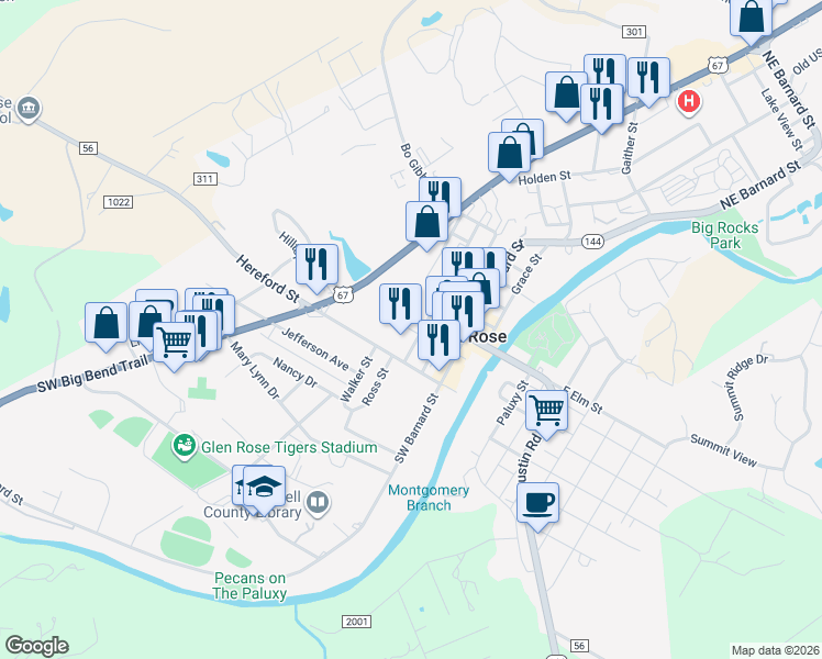 map of restaurants, bars, coffee shops, grocery stores, and more near 301 Cedar Street in Glen Rose