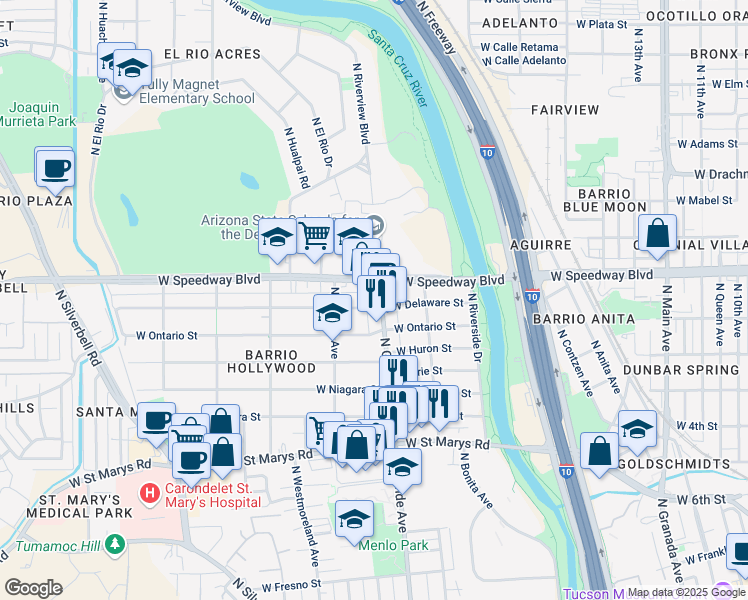 map of restaurants, bars, coffee shops, grocery stores, and more near 1214 West Delaware Street in Tucson