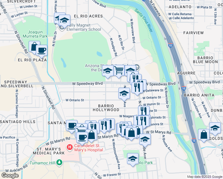 map of restaurants, bars, coffee shops, grocery stores, and more near 1348 West Delaware Street in Tucson