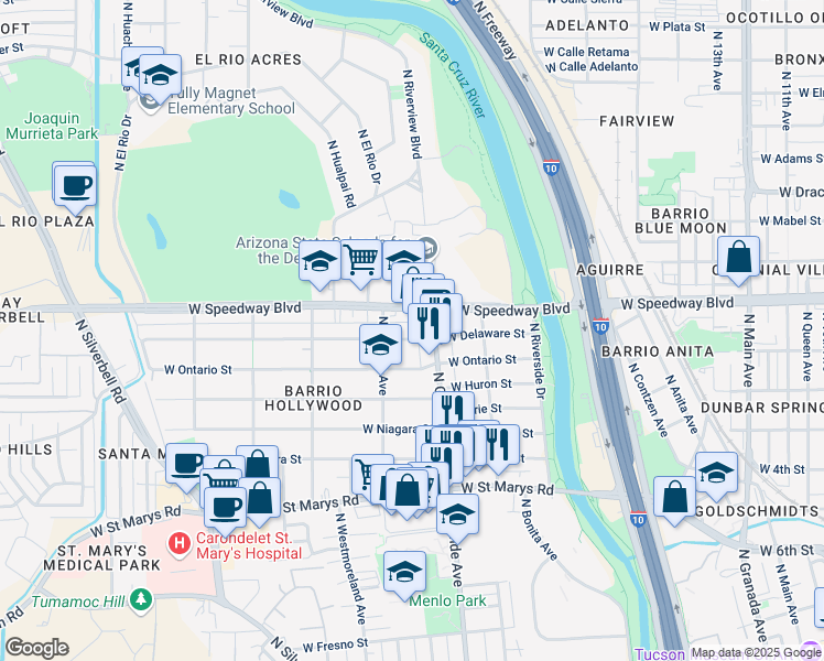 map of restaurants, bars, coffee shops, grocery stores, and more near 1214 West Delaware Street in Tucson