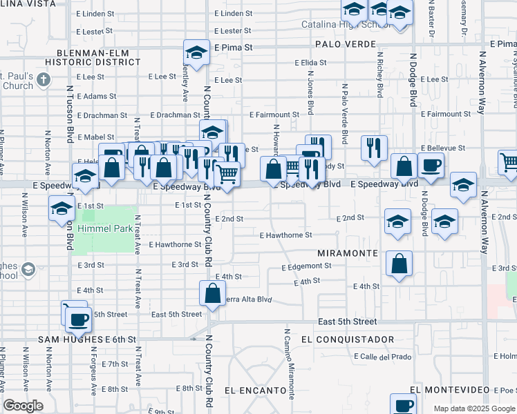map of restaurants, bars, coffee shops, grocery stores, and more near 3244 East 1st Street in Tucson