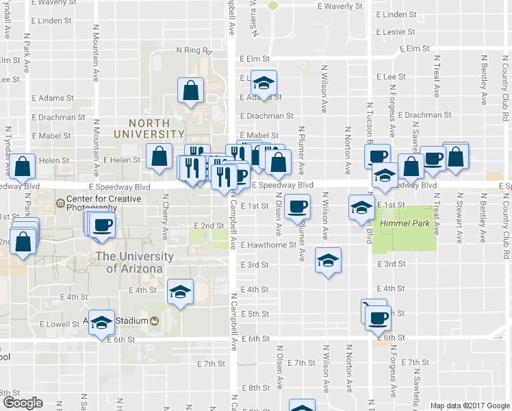 map of restaurants, bars, coffee shops, grocery stores, and more near East 1st Street & North Norris Avenue in Tucson