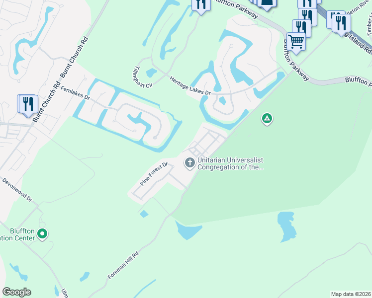 map of restaurants, bars, coffee shops, grocery stores, and more near 34 Leacybridge Road in Bluffton
