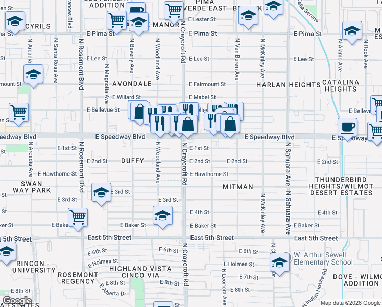 map of restaurants, bars, coffee shops, grocery stores, and more near 1013-1035 North Craycroft Road in Tucson