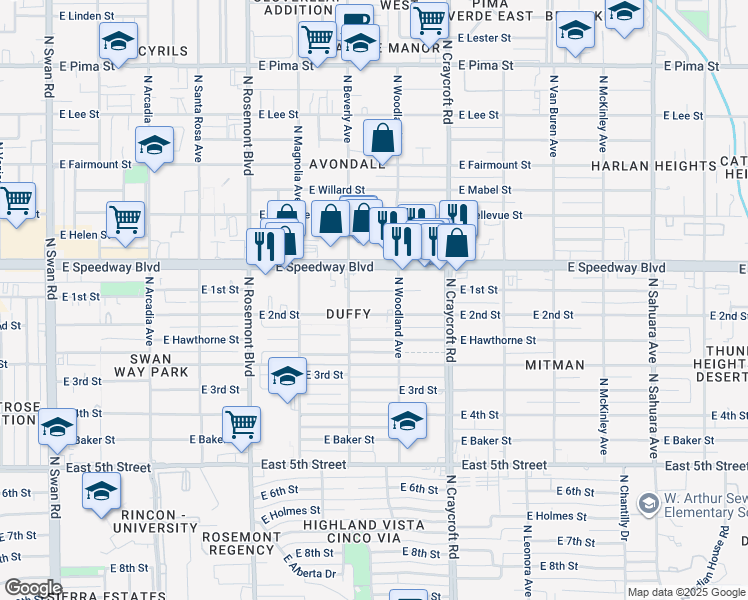 map of restaurants, bars, coffee shops, grocery stores, and more near 5324 East 1st Street in Tucson