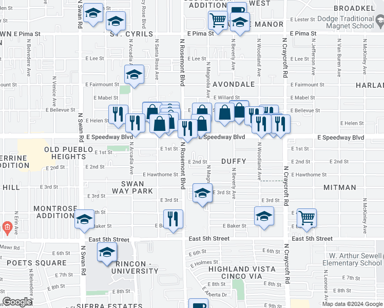 map of restaurants, bars, coffee shops, grocery stores, and more near 5127 East 2nd Street in Tucson