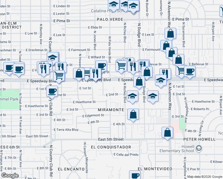 map of restaurants, bars, coffee shops, grocery stores, and more near 1022 North Palo Verde Boulevard in Tucson