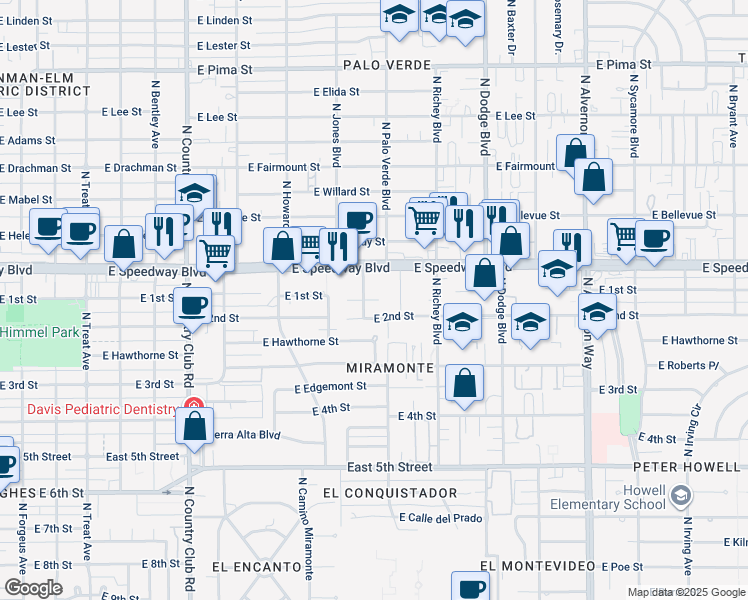 map of restaurants, bars, coffee shops, grocery stores, and more near 3449 East 1st Street in Tucson