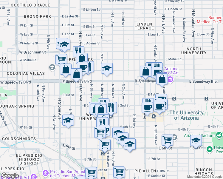 map of restaurants, bars, coffee shops, grocery stores, and more near 1026 North 3rd Avenue in Tucson