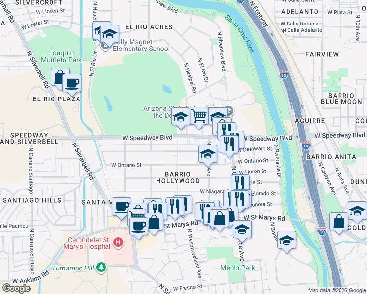 map of restaurants, bars, coffee shops, grocery stores, and more near 1348 West Delaware Street in Tucson