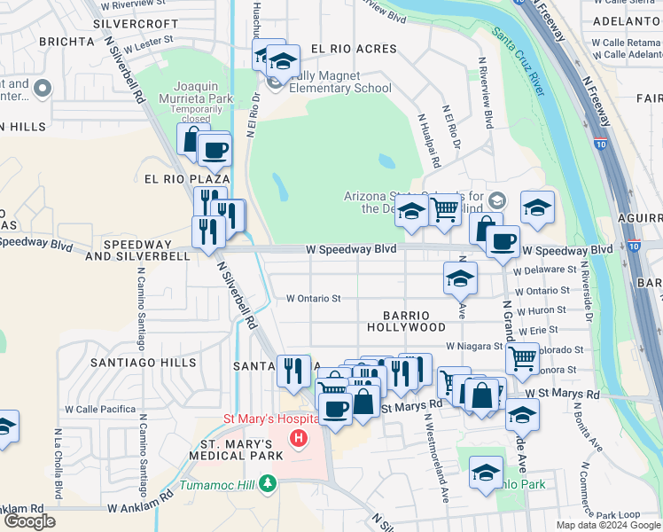 map of restaurants, bars, coffee shops, grocery stores, and more near 1532 West Delaware Street in Tucson