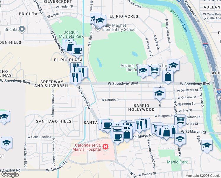 map of restaurants, bars, coffee shops, grocery stores, and more near 1614 West Delaware Street in Tucson