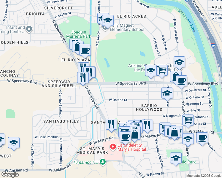 map of restaurants, bars, coffee shops, grocery stores, and more near 1614 West Delaware Street in Tucson