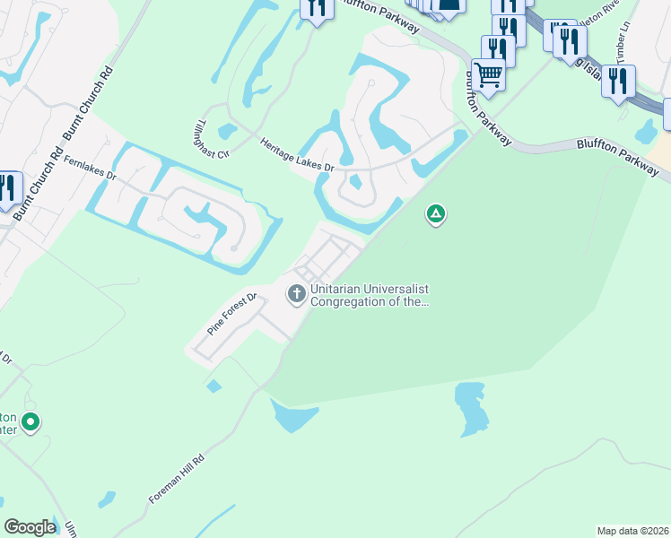 map of restaurants, bars, coffee shops, grocery stores, and more near 1 Village Drive in Bluffton