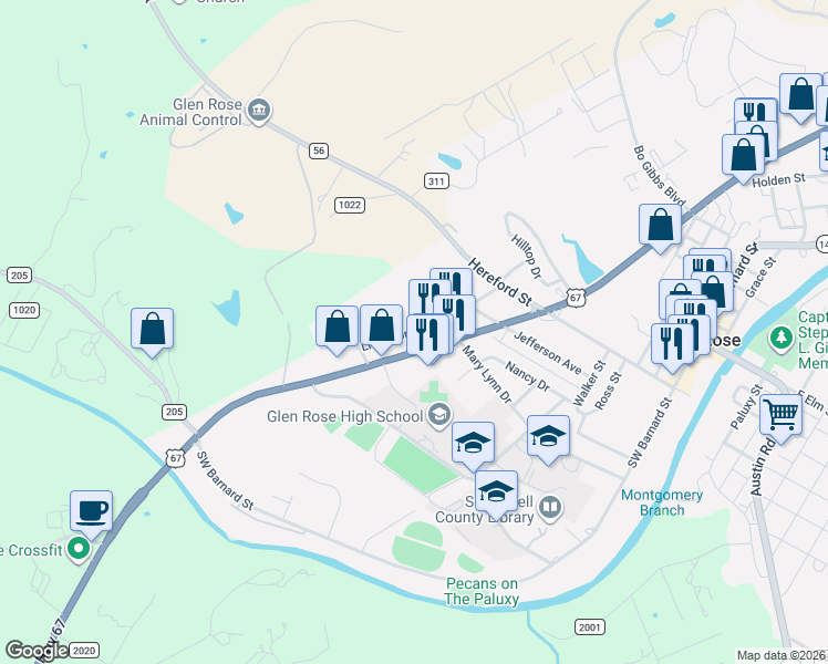 map of restaurants, bars, coffee shops, grocery stores, and more near 600 Litigation Avenue in Glen Rose