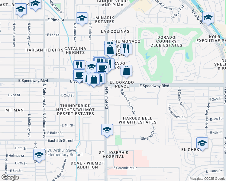 map of restaurants, bars, coffee shops, grocery stores, and more near 6300 East Speedway Boulevard in Tucson