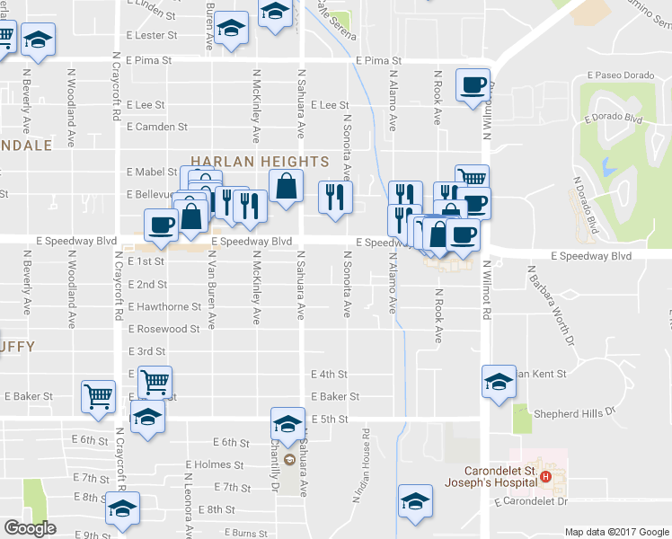 map of restaurants, bars, coffee shops, grocery stores, and more near 1028 North del Valle Place in Tucson