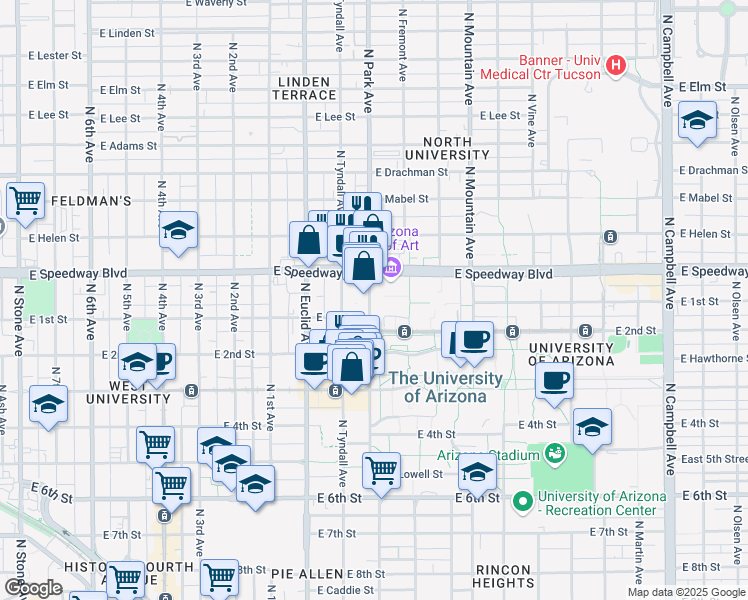 map of restaurants, bars, coffee shops, grocery stores, and more near 1038 North Park Avenue in Tucson