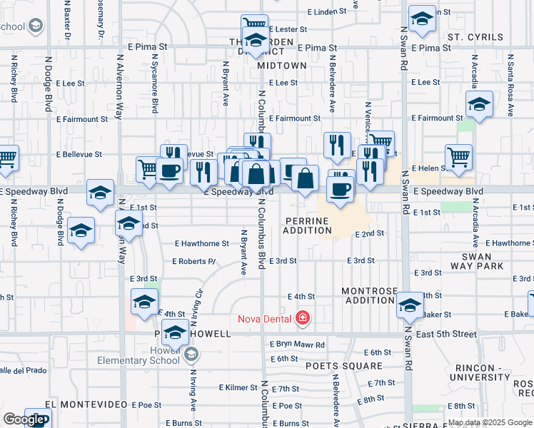 map of restaurants, bars, coffee shops, grocery stores, and more near 1026 North Columbus Boulevard in Tucson