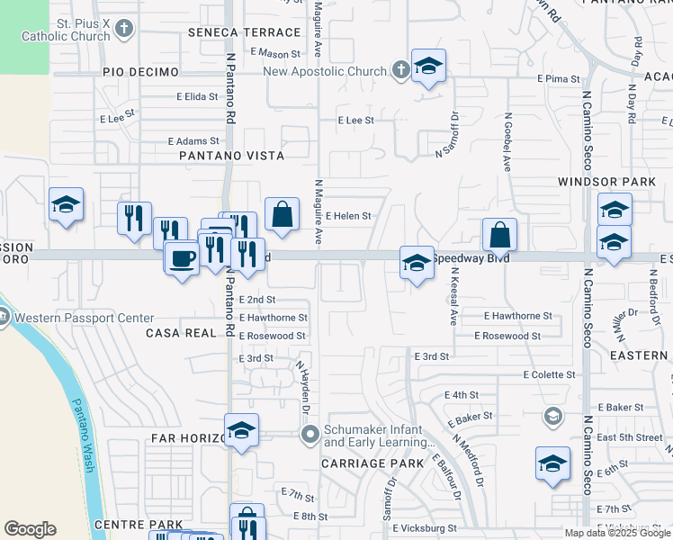 map of restaurants, bars, coffee shops, grocery stores, and more near 8110 East Speedway Boulevard in Tucson