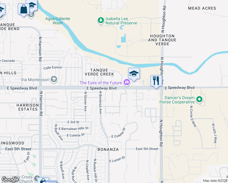 map of restaurants, bars, coffee shops, grocery stores, and more near 1074 North Firewood Place in Tucson