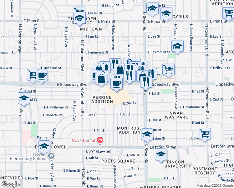 map of restaurants, bars, coffee shops, grocery stores, and more near 4500 East Speedway Boulevard in Tucson