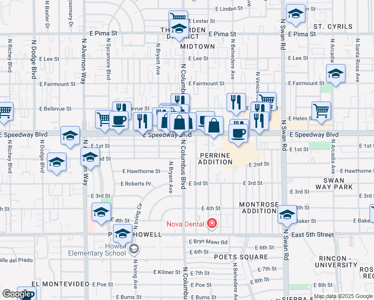 map of restaurants, bars, coffee shops, grocery stores, and more near 1026 North Columbus Boulevard in Tucson