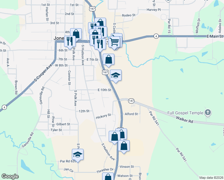 map of restaurants, bars, coffee shops, grocery stores, and more near 400 East 10th Street in Jonesboro